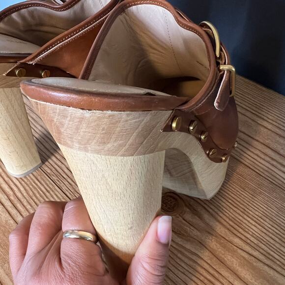 Veronica Beard Cognac Leather Wood Platform Heeled Mules Clogs Womens 10 Alek - Picture 7 of 15